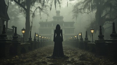 Eerie haunting ghostly female figure walking in front of a foggy southern plantation antebellum