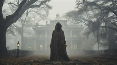 Eerie haunting ghostly female figure walking in front of a foggy southern plantation antebellum