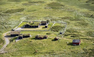 Houses with grass roofs, tundra landscape, Fjell, Oystre Slidre, Jotunheimen National Park, Norway,