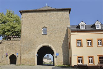 Zschopau Gate built 1561 and town fortification with view to the district court, Marienberg,