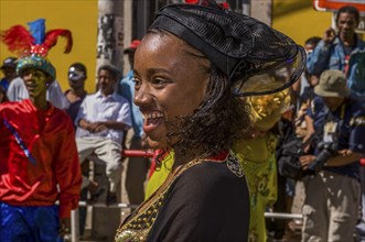 Colourful costumed, pretty woman. Carnival. Mindelo. Cabo Verde. Africa