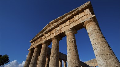 Evening light, Doric Temple, Segesta, super wide angle, oblique aerial view, front, pediment,