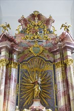 St. John Nepomuk Catholic Church, sacred art, altar, detail, Mary with infant Jesus, Madonna, coat