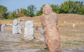 Balbals, historical gravestones in the shape of human faces, near Tokmok, Chuy, Kyrgyzstan, Asia