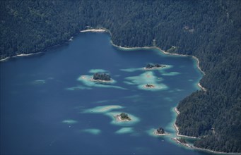 Detailed view of islands and forest at the Eibsee lake, Bavaria, Germany, Europe