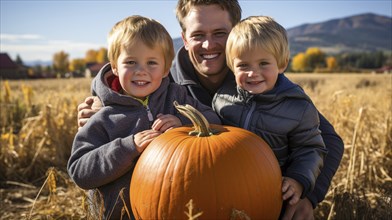 Happy young father and sons showing off their large ripe fall pumpkin at the pumpkin patch,