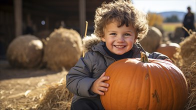 Happy young girl showing off her large ripe fall pumpkin at the pumpkin patch, generative AI