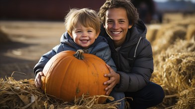 Happy young brothers showing off their large ripe fall pumpkin at the pumpkin patch, generative AI