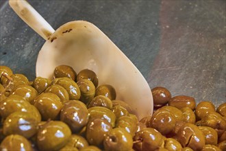 Pickled green olives (Olea europaea), plastic scoop, markets, open air, Palermo, capital, Sicily,