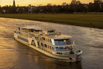 Sunset on Dresden's Waldschlösschen Bridge, on the Elbe the saloon ship August der Starke