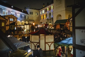 Medieval Christmas market in the stable yard of Dresden's Residenzschloss, a Renaissance knight's