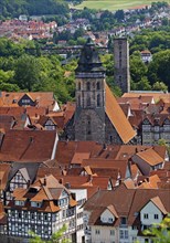 Town view from an elevated viewpoint with the church of St. Blasius, Hann. Münden or Hannoversch