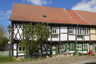 Restored half-timbered houses in the old town, Unterstadt, Halberstadt, Harz, Saxony-Anhalt,