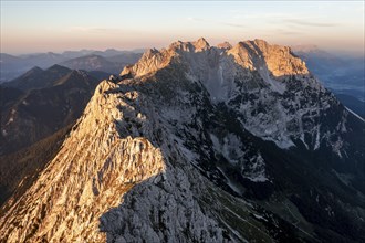 Aerial view, sunset, alpenglow in the mountains, mountain range, Wilder Kaiser, Tyrol, Austria,