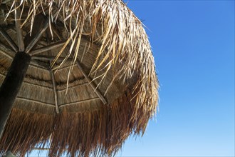 Thatched palapa shelter buildings with blue sky, Gulf of Mexico coast, Celestun, Yucatan, Mexico,