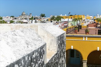 View from city wall over Spanish colonial buildings in the old city of Campeche, Campeche State,