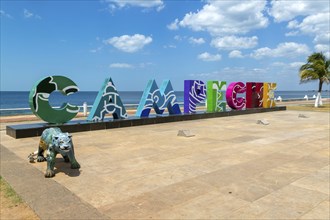 Colourful letters spelling name of Campeche city, Campeche State, Mexico on the Malecon seafront