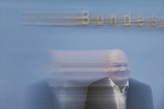 Olaf Scholz (SPD), Federal Chancellor, recorded at a federal press conference on current domestic
