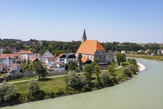 Drone shot, collegiate church, Laufen an der Salzach, Rupertiwinkel, Upper Bavaria, Bavaria,