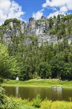 Elbe Valley in Rathen with the Bastei Rock, Party Raft on the Elbe