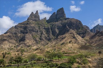 Rocklandscape with sporadic buildings. Santiago. Cabo Verde. Africa