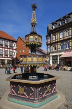 Benefactor's Fountain on the Market Square, half-timbered houses, Wernigerode, Harz Mountains,