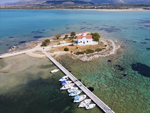 Drone shot, Saint Spiridon Greek Orthodox Church, Agios Spyridon, Elafonisos town, Elafonisos, Deer