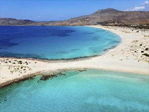 Drone shot, double bay of Simos beach, Sarakiniko beach, Elafonisos, Deer Island, Laconia,