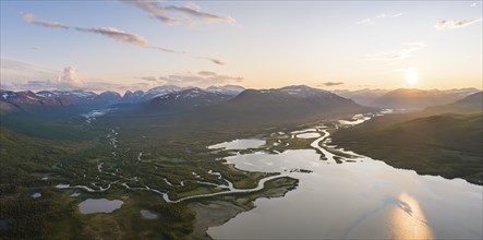 River delta of the two rivers Visttasjohka and Laddjujohka, Lake Paittasjärvi, Kebnekaise massif in