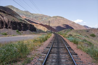 Train line, railway tracks, Chuy Province, Kyrgyzstan, Asia