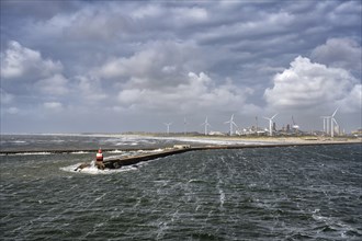 Noordpier Wijk Aan Zee, wind turbines and the steelworks of Tata Steel, North Holland, Netherlands