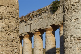 Evening light, Doric temple, detail, columns, chapter, entablature, Segesta, Ancient site,