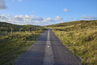 Bicycle path, sand dune, clouds, Amsterdam water pipe dunes, Zandvoort, North Sea, North Holland,