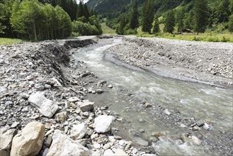 Illegal stream straightening in a nature reserve, Rappenalpbach in the Rappenalptal valley near