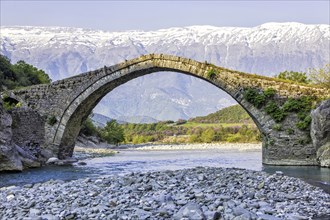 Kadiut bridge, arch bridge near Bënjë, Benja, over the wild river Lengarica, landscape near Bënjë,