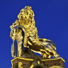 Golden Nassau lion on the market fountain, Schlossplatz, state capital Wiesbaden, Hesse, Germany,