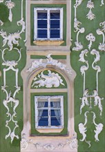 Market square with rococo stucco facades on the town houses, Obernberg am Inn, Innviertel, Upper