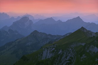 Appenzell Alps at dusk, behind Central Swiss Alps, Canton St. Gallen, Switzerland, Europe