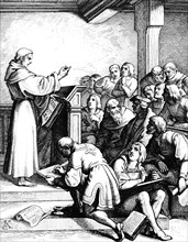 Martin Luther giving philosophian and theologian lectures as Baccasaureus in 1508, Germany,