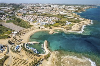 Agia Triada Beach or Trinity Beach seen from the air, Paralimni, Cyprus, Europe