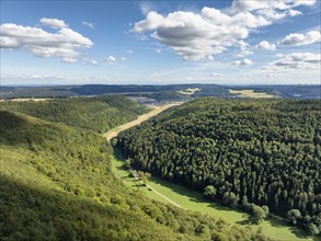 Aerial view of the Ursental valley seen from the north, a side valley to the Danube, on the horizon