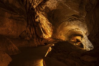 The illuminated Mammut Cave, a cave in the Dachstein massif. Obertraun, Salzkammergut, Upper