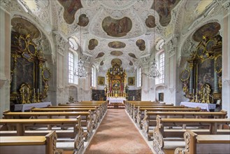 Magnificent church interior of the Maria Gern pilgrimage church in Baroque style, white and gold