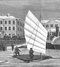 Iceboat with sail on the Neva near Saint Petersburg in Russia, Historical, digitally restored