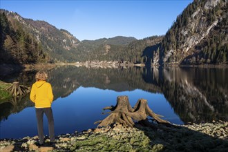 The Vordere Gosausee in autumn with a view of the Gasthof Gosausee. A hiker stands by the lake. Two