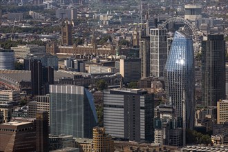 Aerial view of a modern city with skyscrapers and historic buildings, London, United Kingdom United