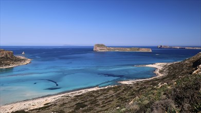 Panoramic view of a coastline with blue sea and island, Venetian Sea Fortress, Gramvoussa,