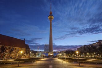 Alexanderplatz in Berlin with the famous television tower at dusk