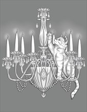 Playful Cat On Top Of A Lit Candle Chandelier Raising Paw Line Drawing