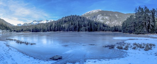 Winter landscape with a frozen lake and the Austrian Alps in background. Image taken near the